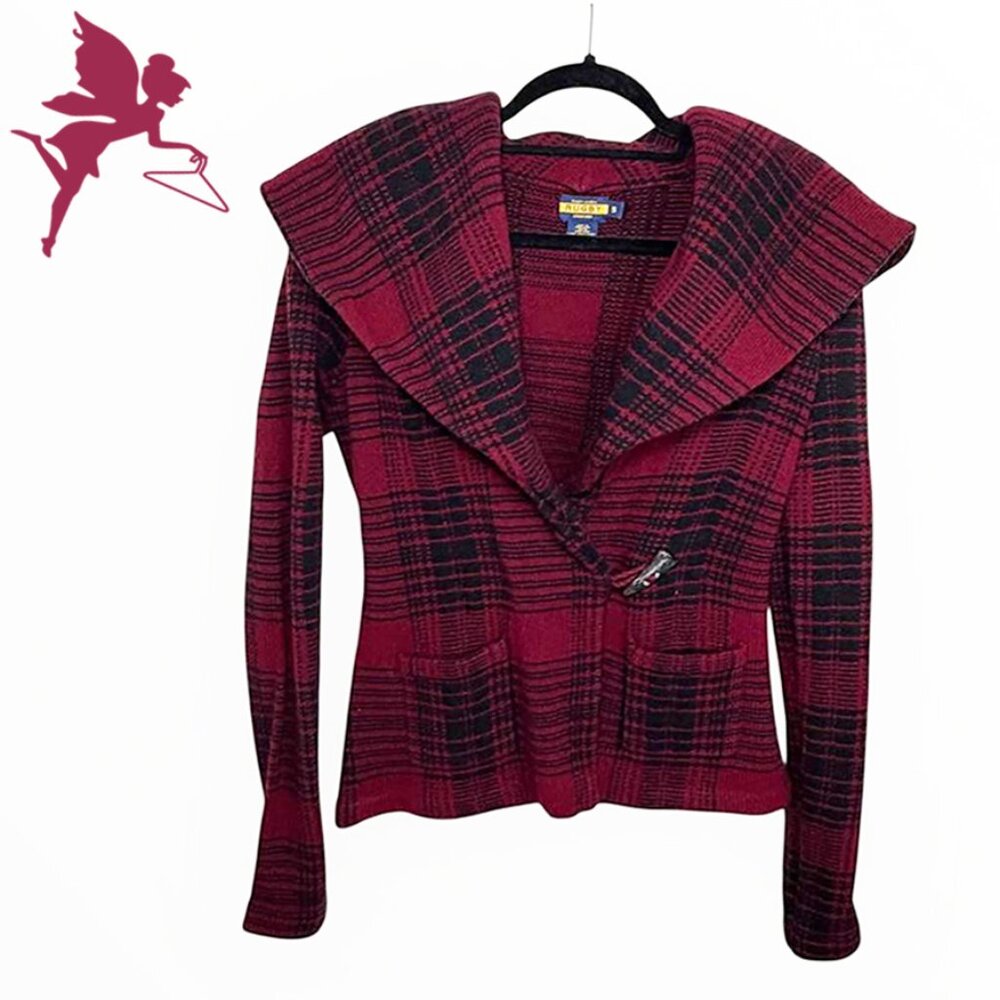 RUGBY RALPH LAUREN Tartan Plaid Shael Collar Hooded Cardigan